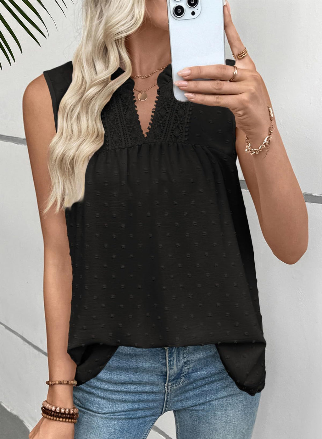 Swiss Dot Sleeveless Blouse With Lace Trim - Black