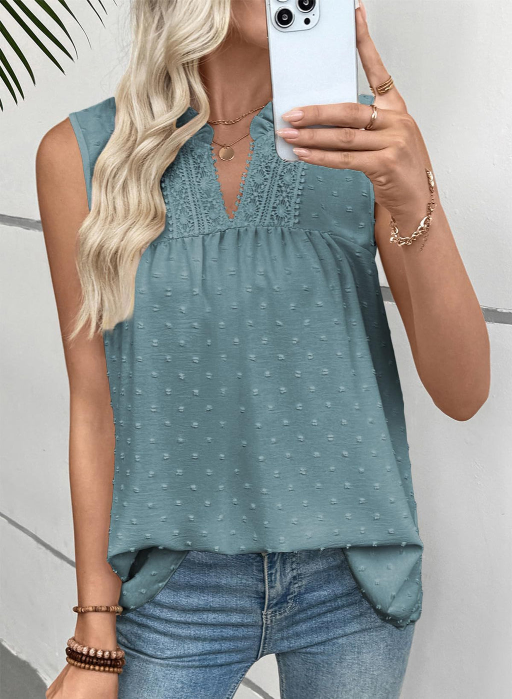 Swiss Dot Sleeveless Blouse With Lace Trim - Blue