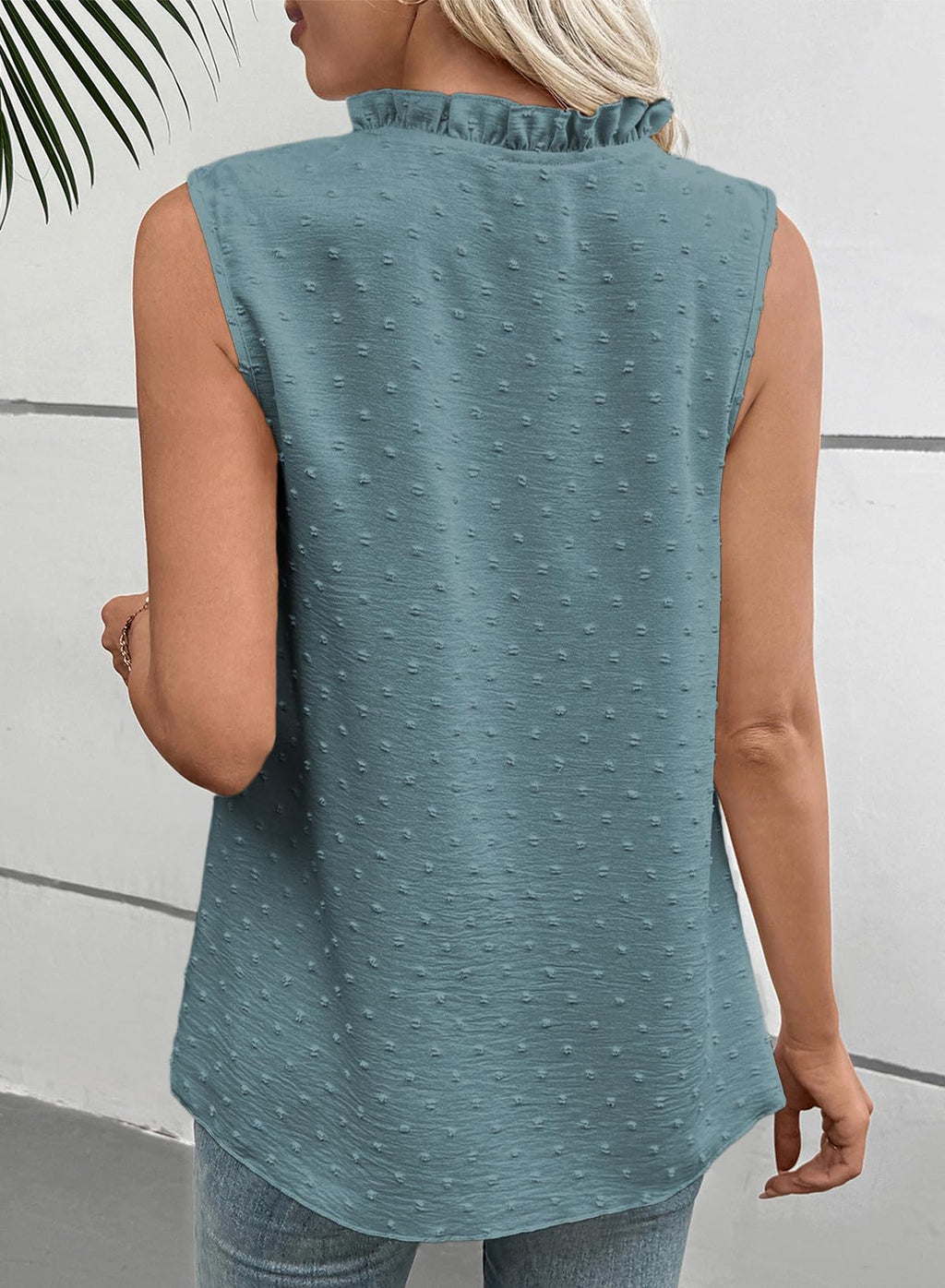 Swiss Dot Sleeveless Blouse With Lace Trim - Blue - 2