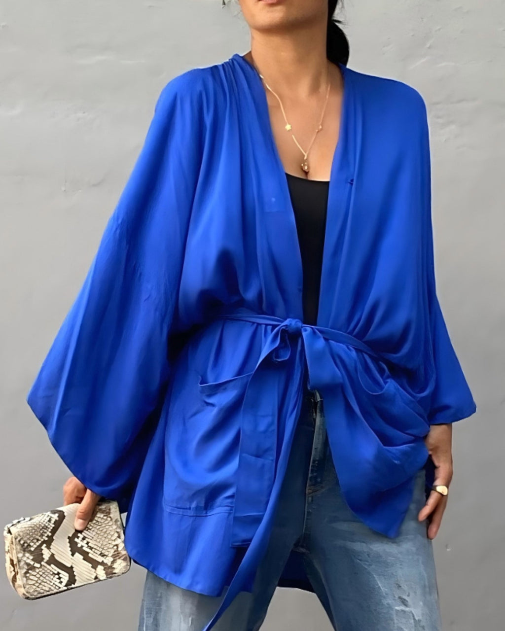 Tie-Waist Short Kimono Robe Cover-Up - Blue
