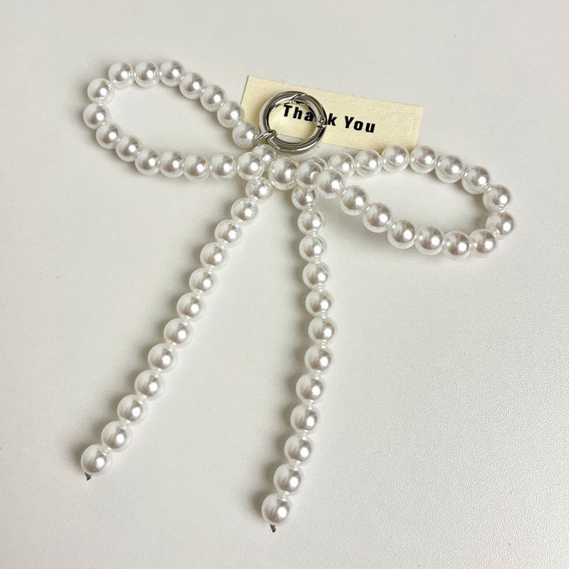 Chunky Beaded Ribbon Bow Bag Charm - White