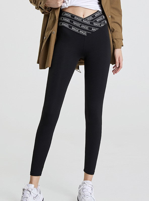 Crossover Waist High Rise Yoga Leggings - Black