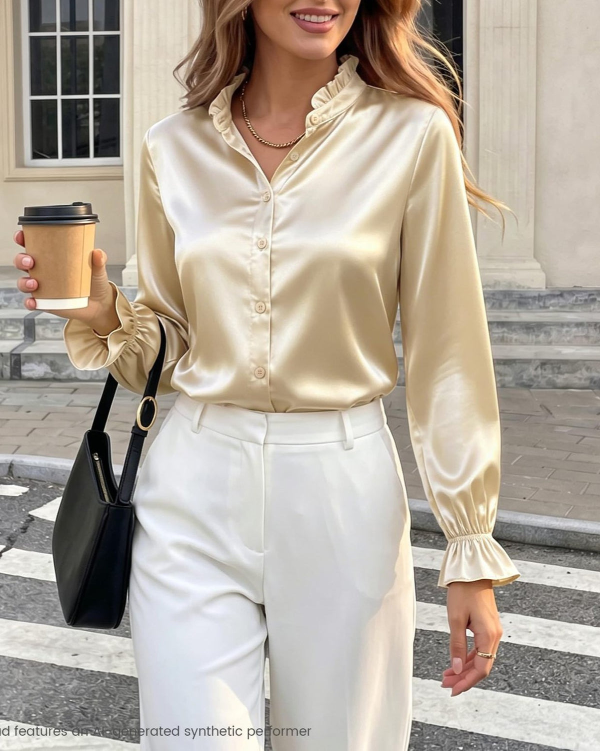Ruffled Stand Collar Satin Blouse - Apricot