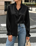 Ruffled Stand Collar Satin Blouse - Black