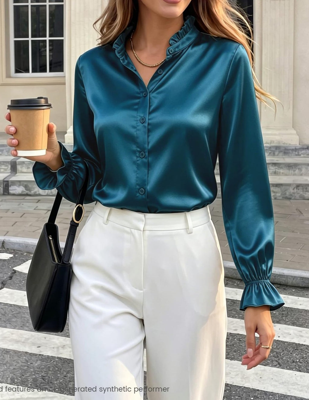 Ruffled Stand Collar Satin Blouse - Blue