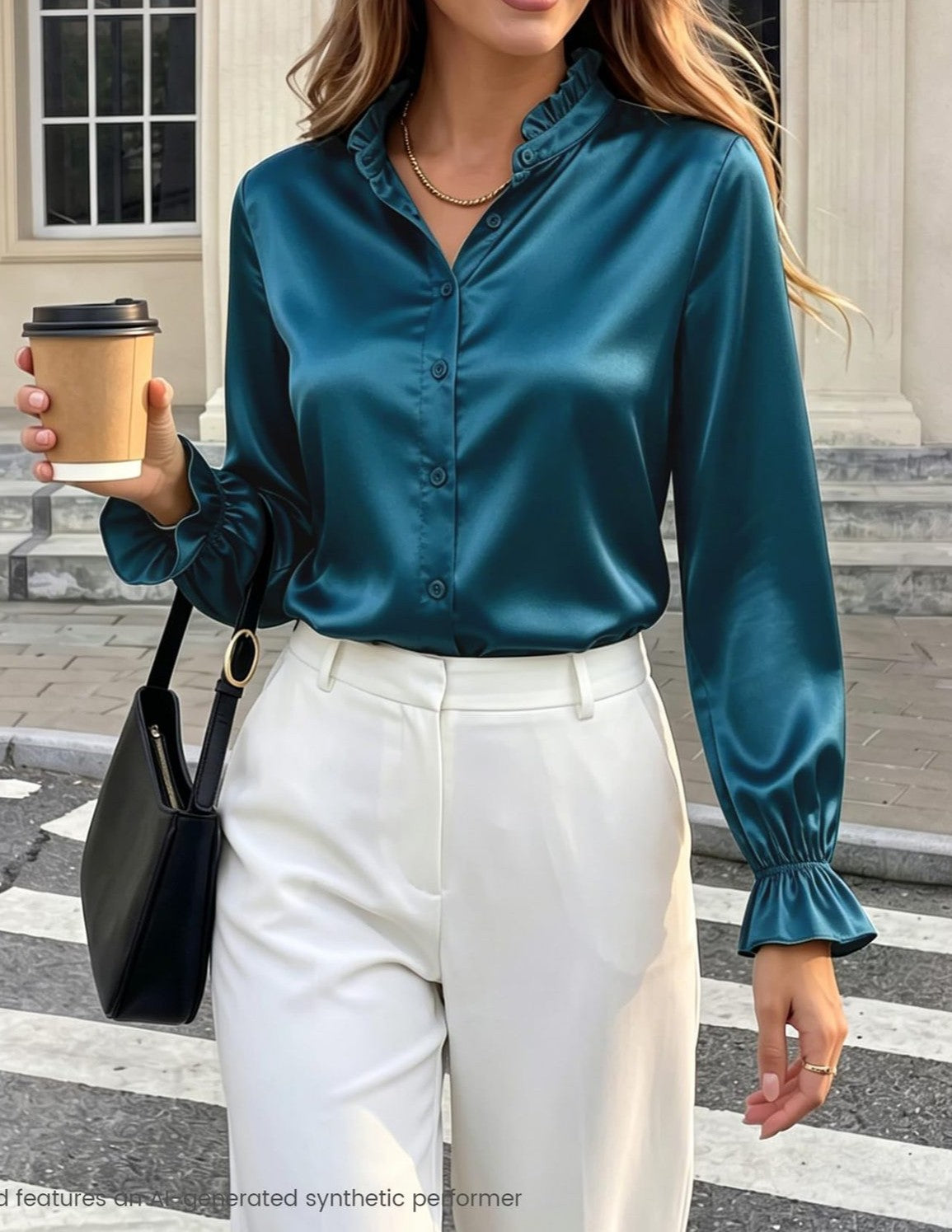Ruffled Stand Collar Satin Blouse - Blue