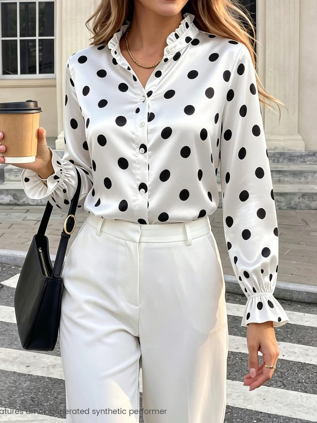 Ruffled Stand Collar Satin Blouse - White