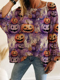 Spooky Pumpkin Print Openwork Knit Top - Purple