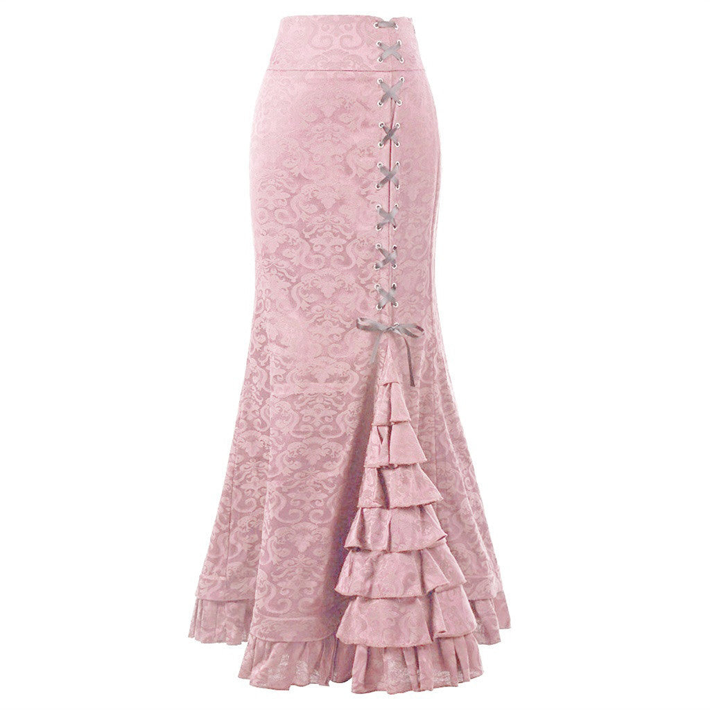Jacquard Lace Up Fishtail Maxi Skirt - Pink