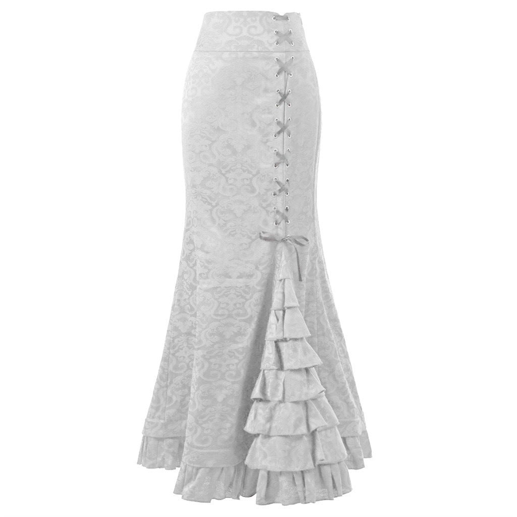 Jacquard Lace Up Fishtail Maxi Skirt - White