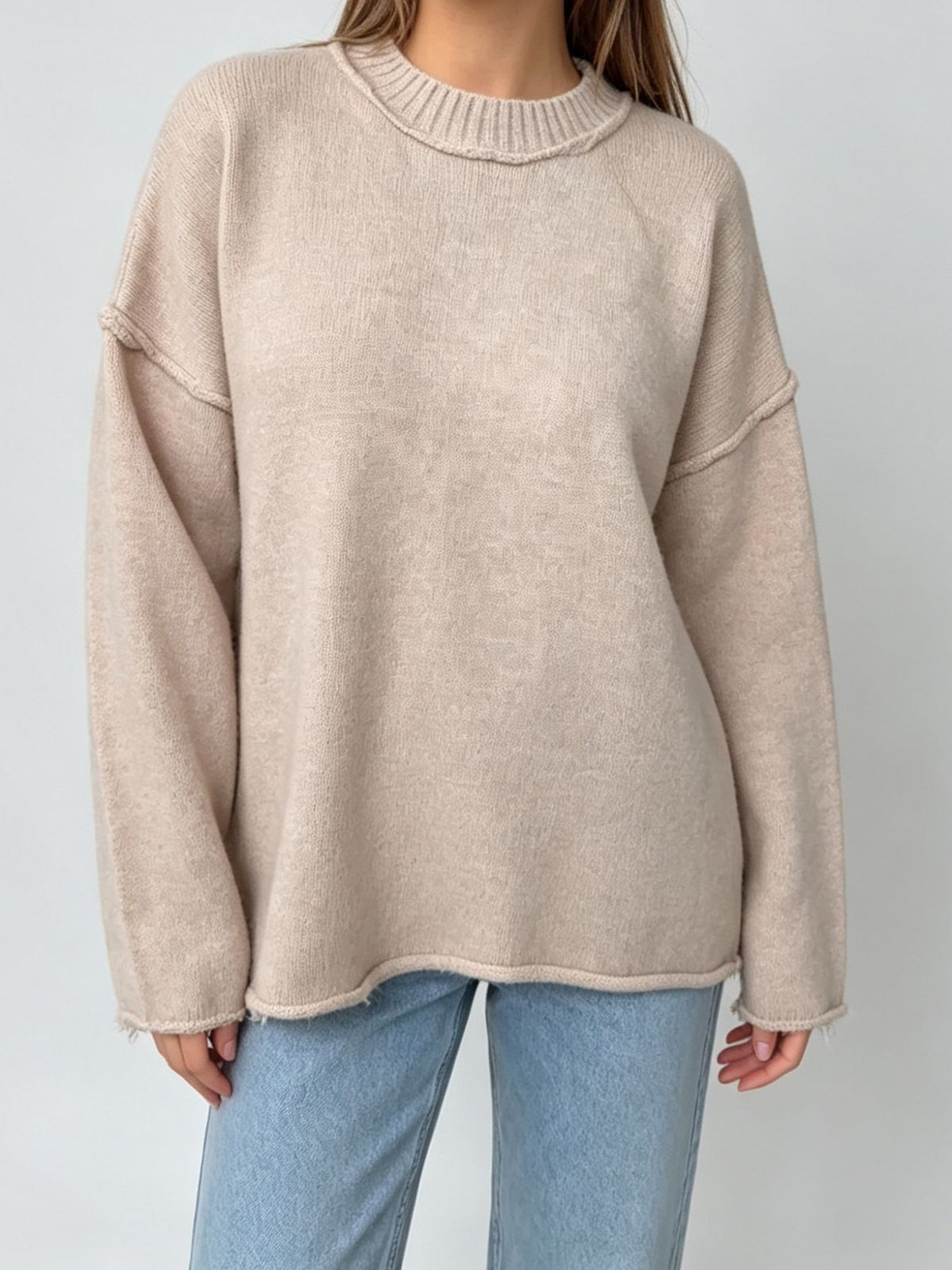 Oversized Seam Detail Drop Shoulder Sweater - Beige