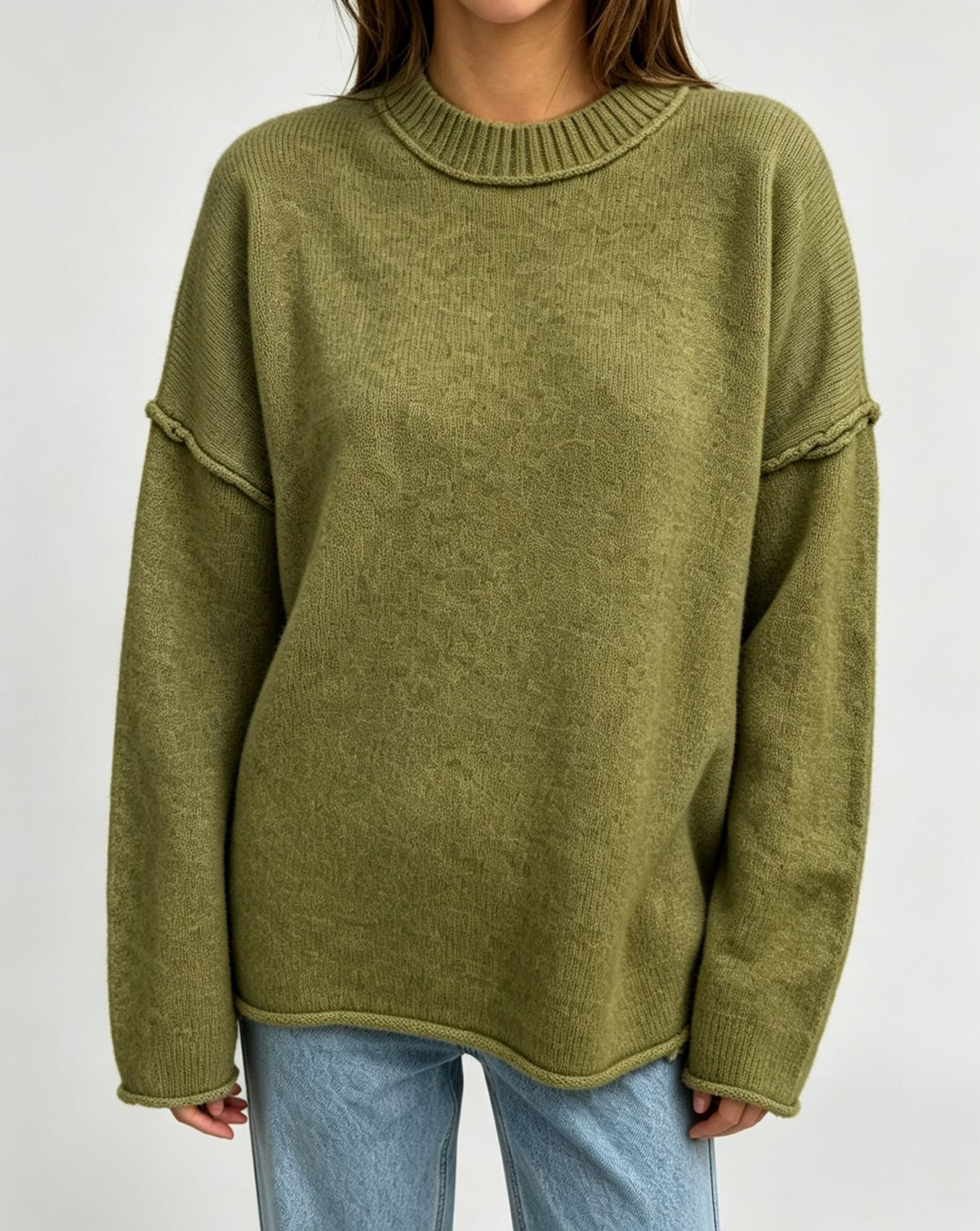 Oversized Seam Detail Drop Shoulder Sweater - Olive