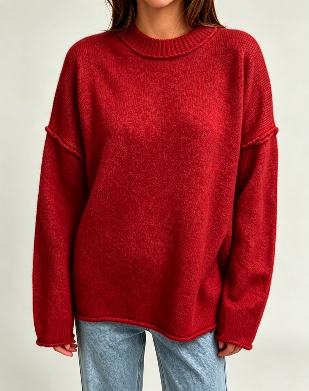 Oversized Seam Detail Drop Shoulder Sweater - Red