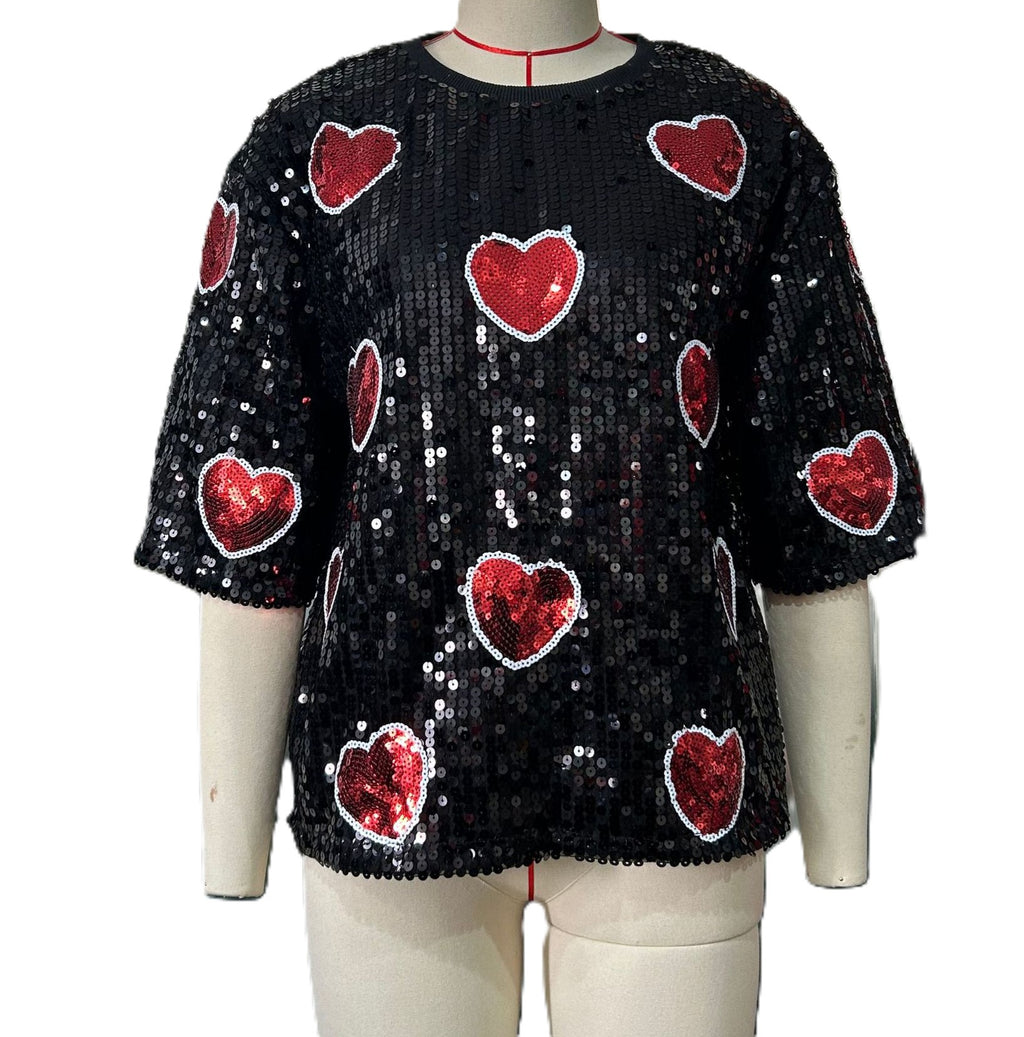 Sequin Heart Oversized Short Sleeve Top - Black