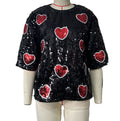 Sequin Heart Oversized Short Sleeve Top - Black