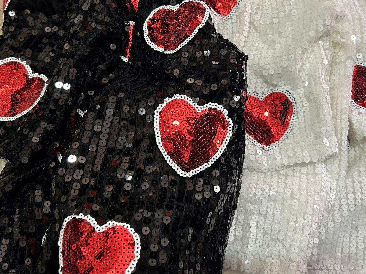 Sequin Heart Oversized Short Sleeve Top - Black - 2