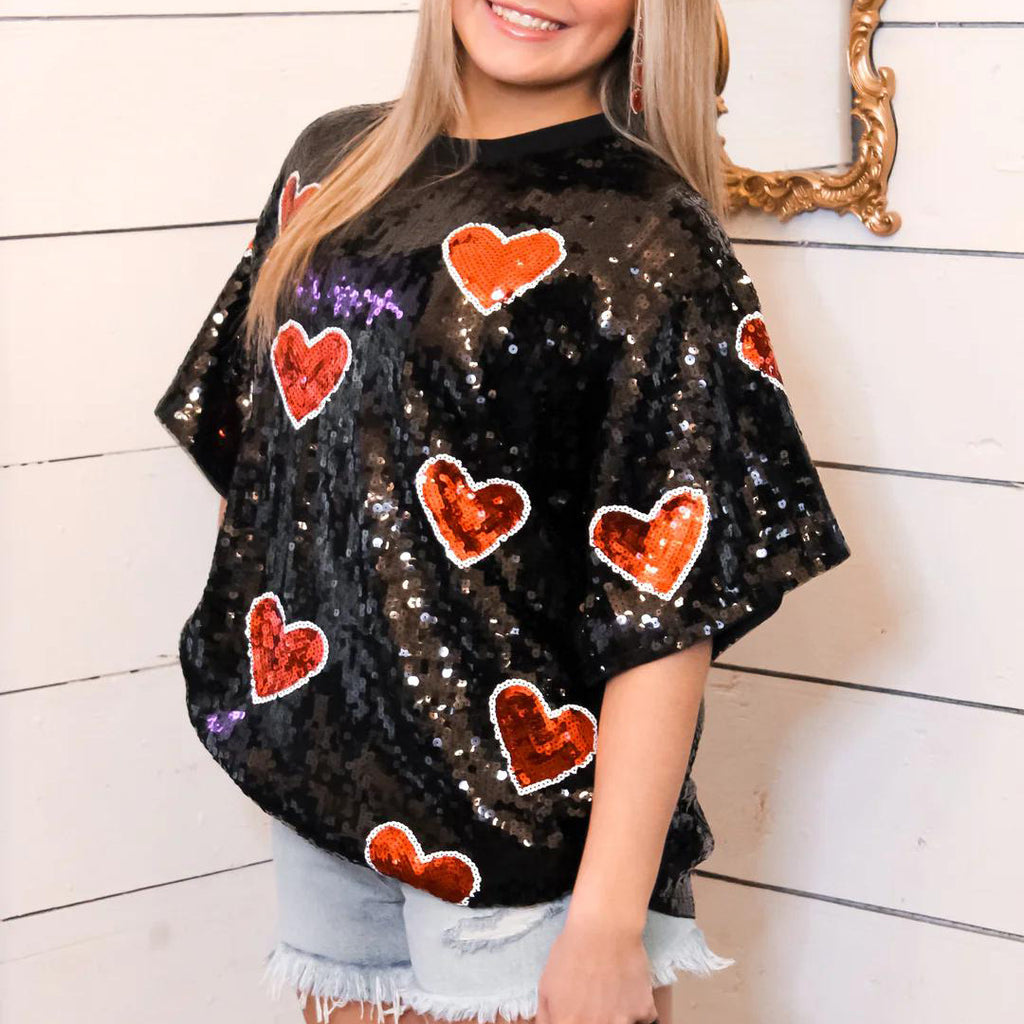 Sequin Heart Oversized Short Sleeve Top - Black - 4