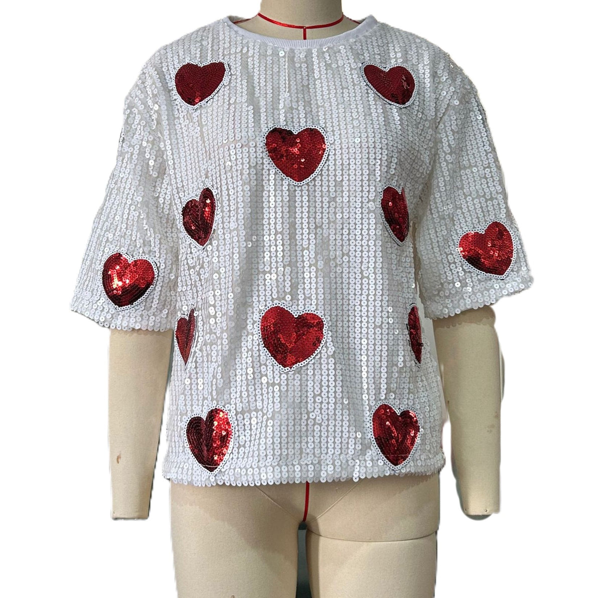 Sequin Heart Oversized Short Sleeve Top - White