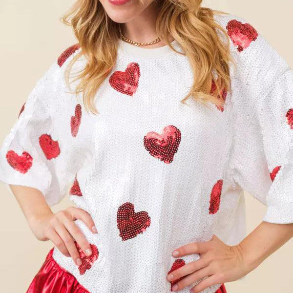 Sequin Heart Oversized Short Sleeve Top - White - 1
