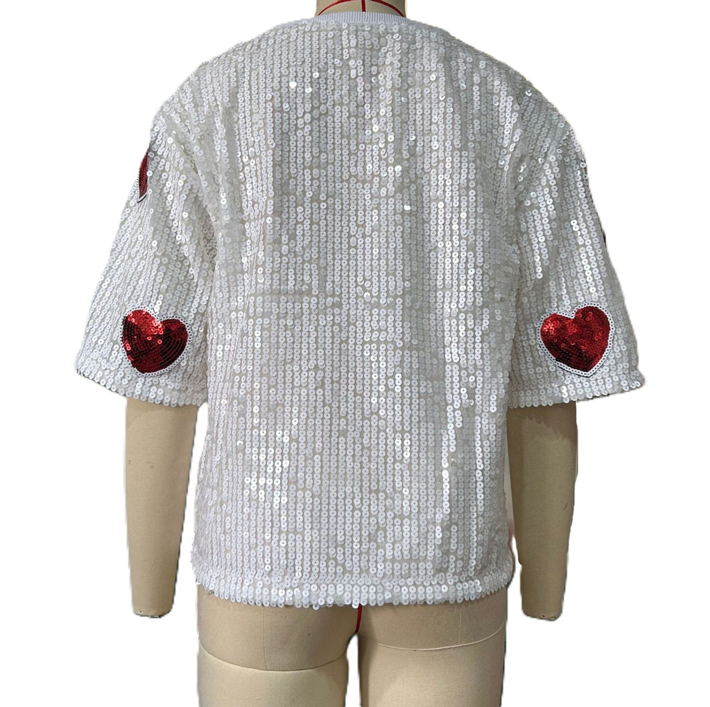 Sequin Heart Oversized Short Sleeve Top - White - 2