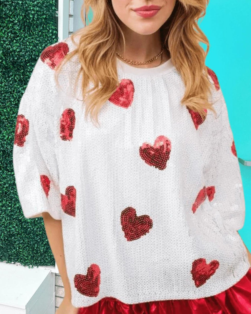 Sequin Heart Oversized Short Sleeve Top