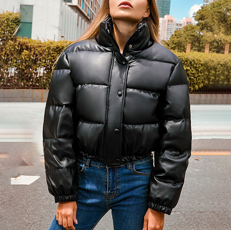 Faux Leather Snap Placket Cropped Puffer Jacket - Black