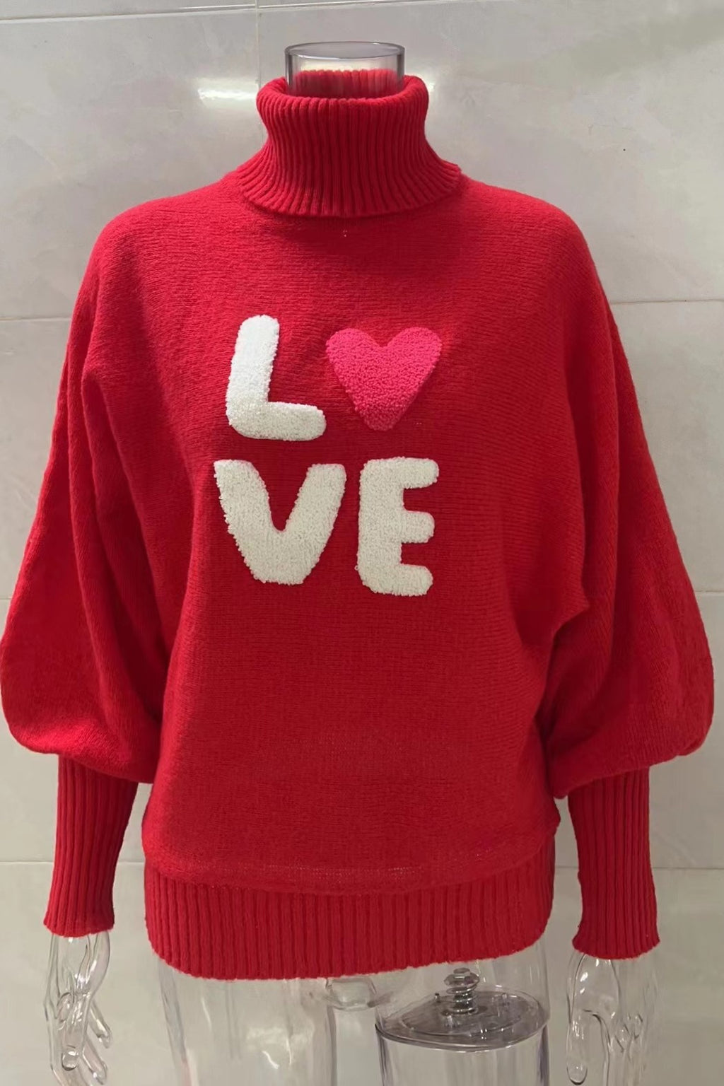 Merry Slogan Turtleneck Oversized Sweater - LoveRed