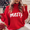 Merry Slogan Turtleneck Oversized Sweater - Red
