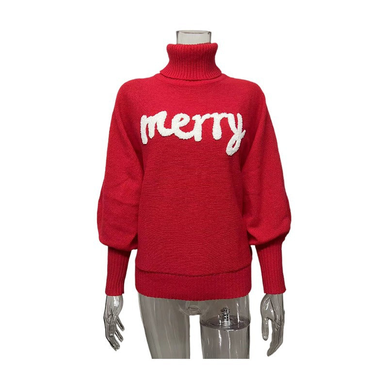 Merry Slogan Turtleneck Oversized Sweater - Red - 1