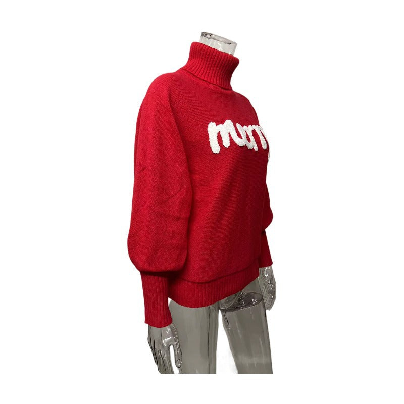 Merry Slogan Turtleneck Oversized Sweater - Red - 2