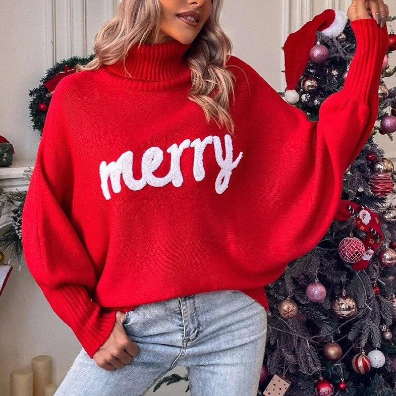 Merry Slogan Turtleneck Oversized Sweater - Red - 4