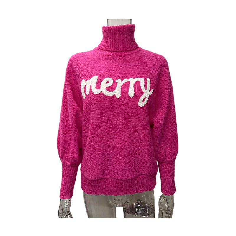Merry Slogan Turtleneck Oversized Sweater - RoseRed