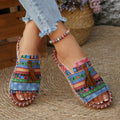 Boho Tassel Trim Woven Slide Sandals - Green