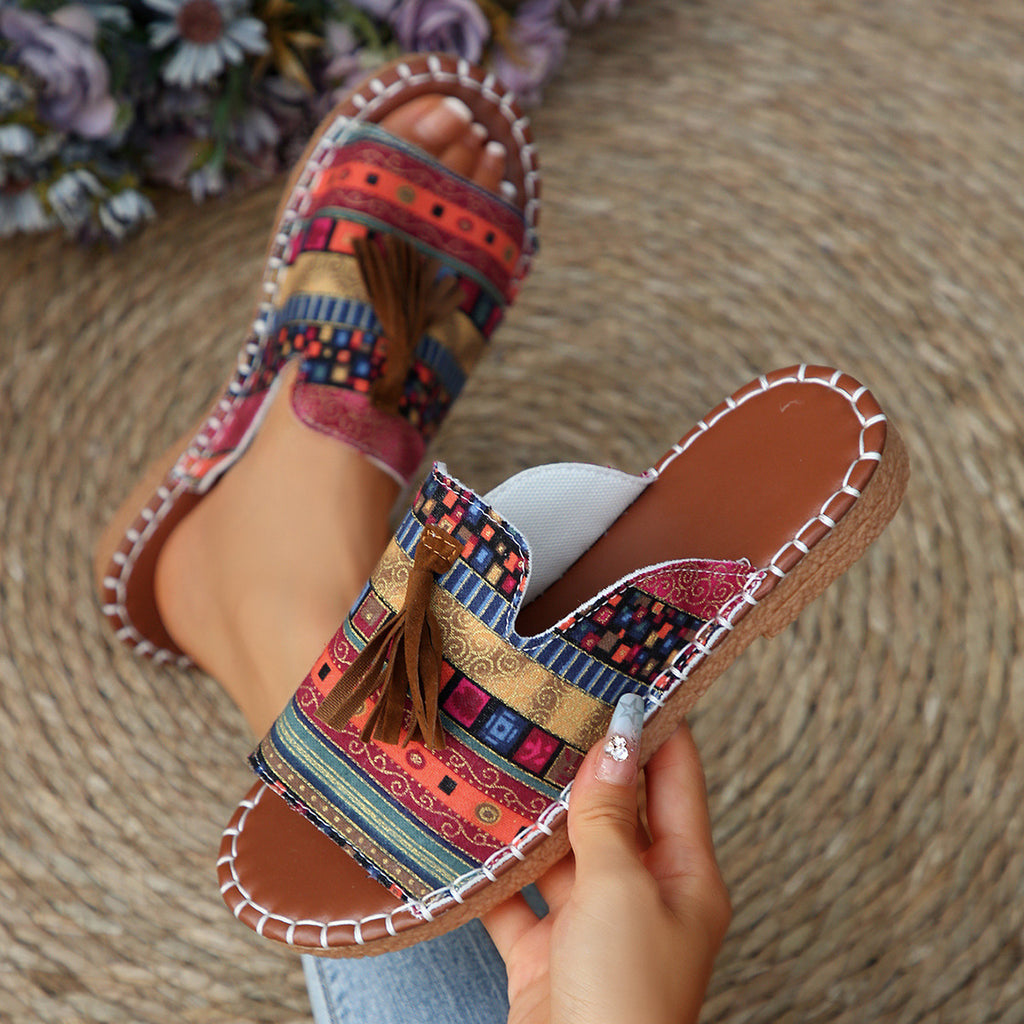 Boho Tassel Trim Woven Slide Sandals - Red