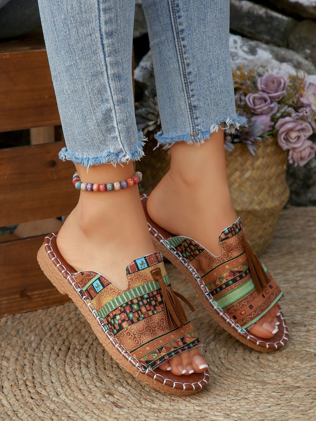 Boho Tassel Trim Woven Slide Sandals - Yellow
