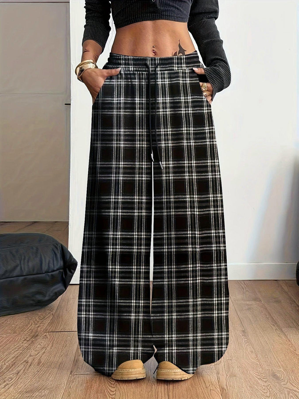 Plaid Drawstring Waist Baggy Wide Leg Pants - Black