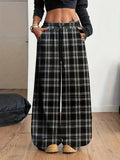 Plaid Drawstring Waist Baggy Wide Leg Pants - Black