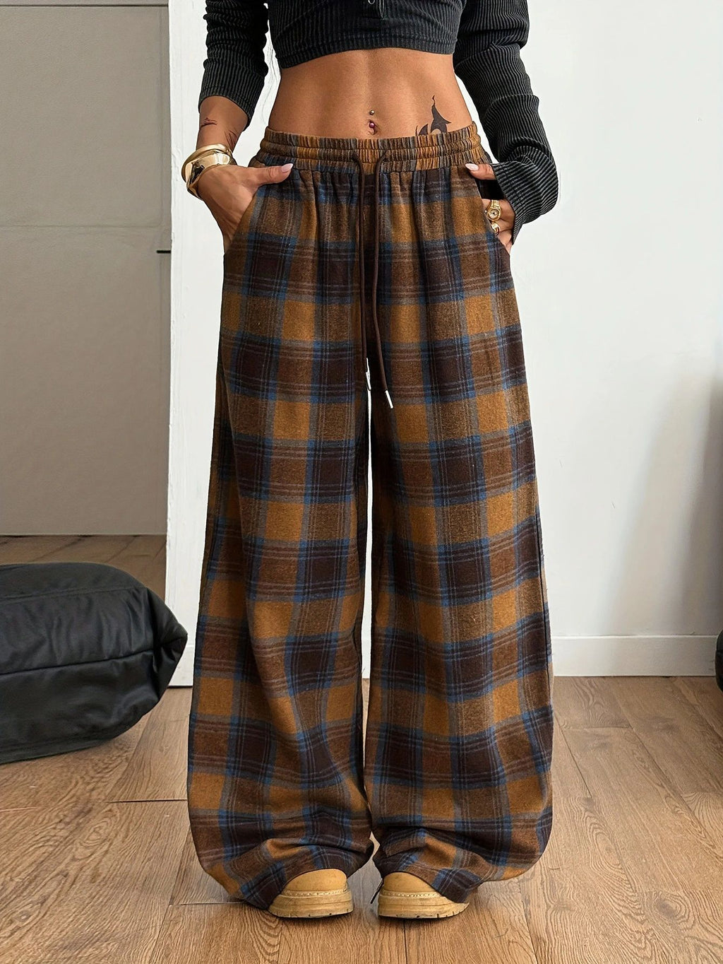 Plaid Drawstring Waist Baggy Wide Leg Pants - Brown