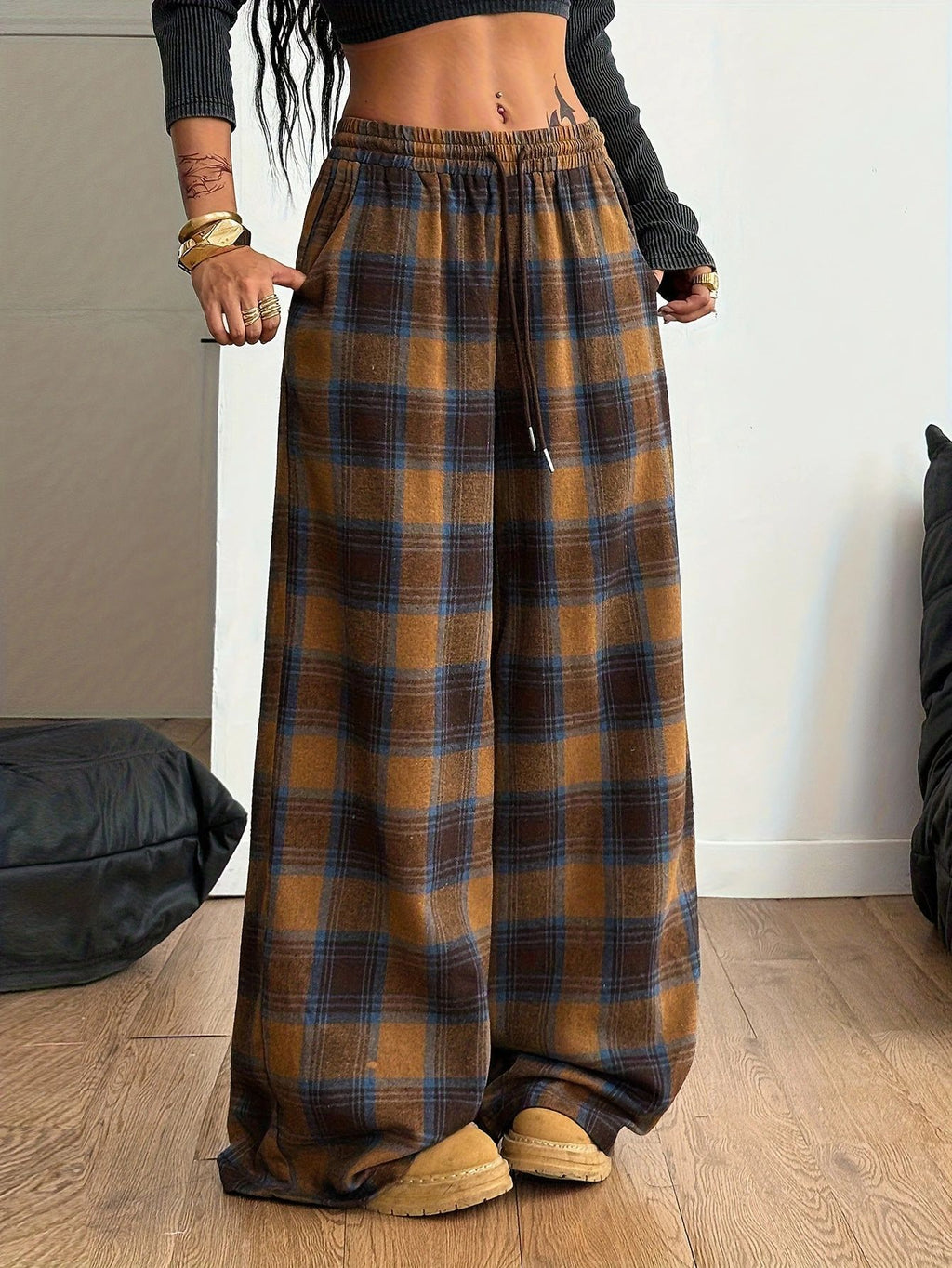 Plaid Drawstring Waist Baggy Wide Leg Pants - Brown - 1