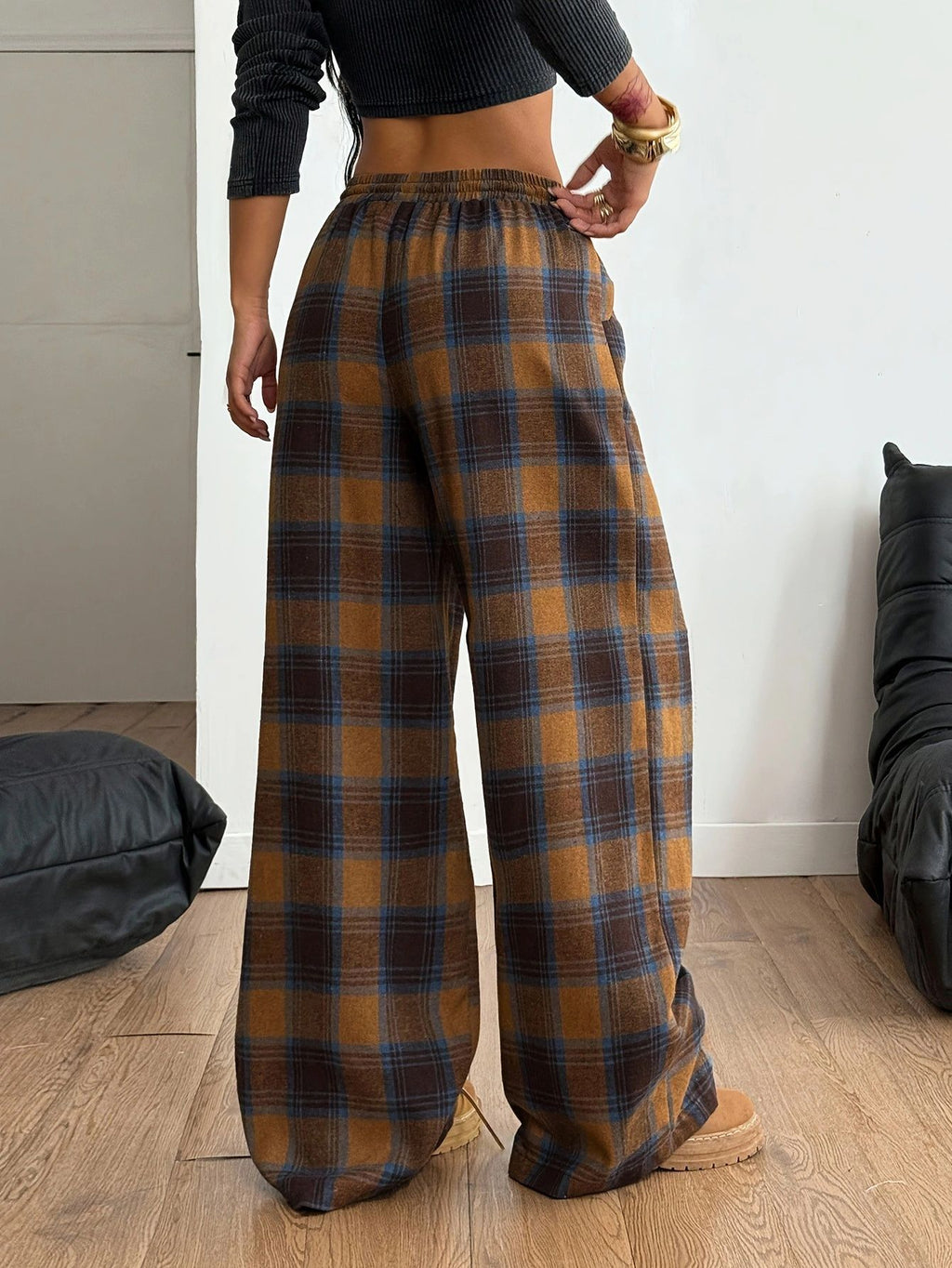 Plaid Drawstring Waist Baggy Wide Leg Pants - Brown - 2