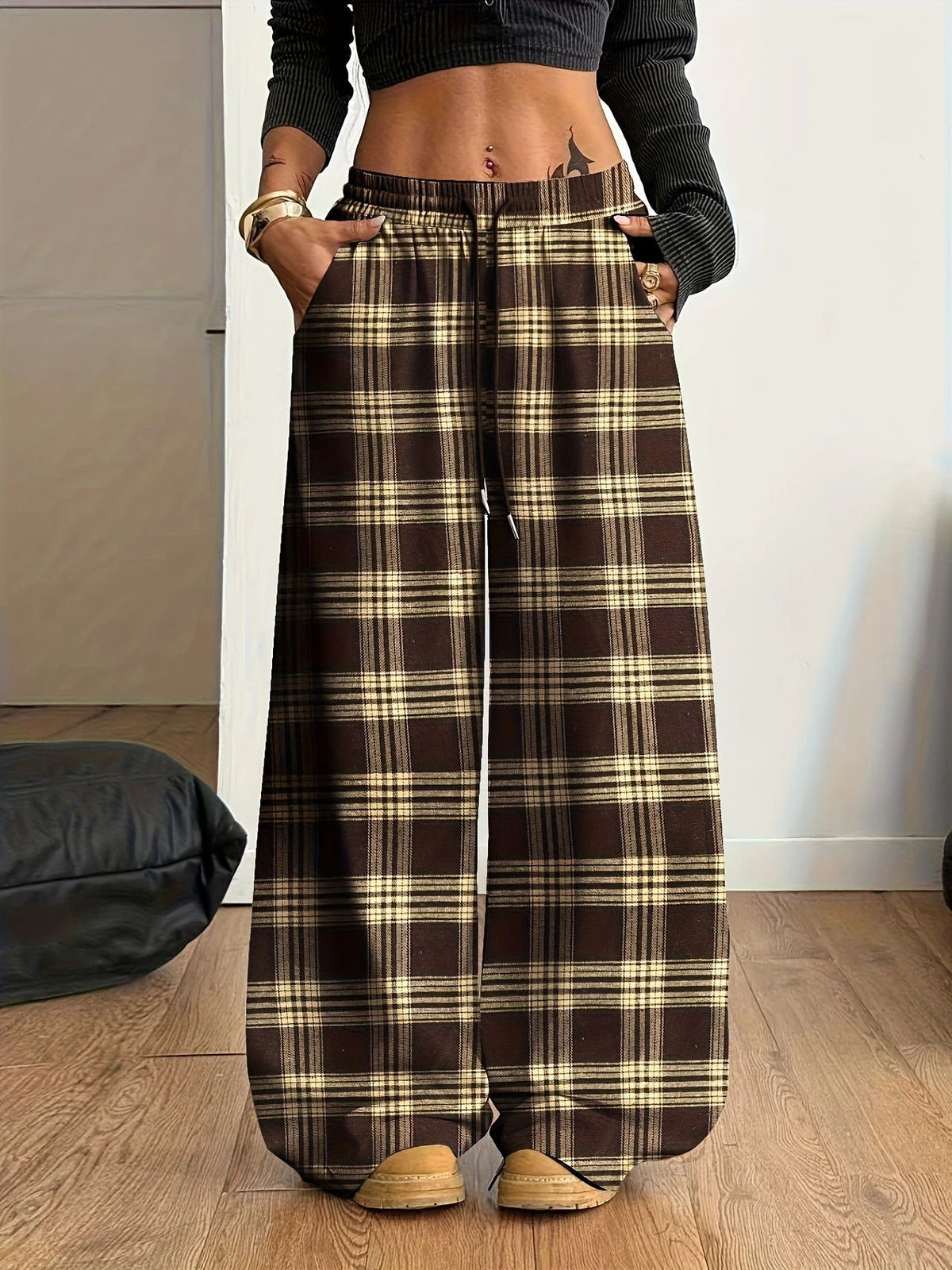Plaid Drawstring Waist Baggy Wide Leg Pants - Khaki