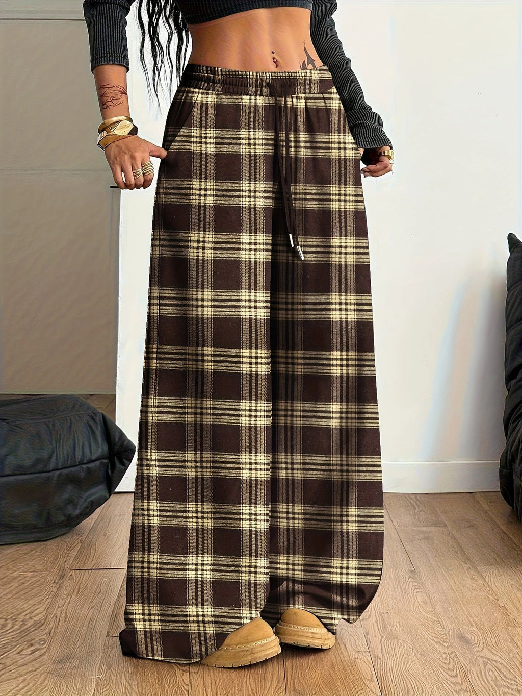 Plaid Drawstring Waist Baggy Wide Leg Pants - Khaki - 1