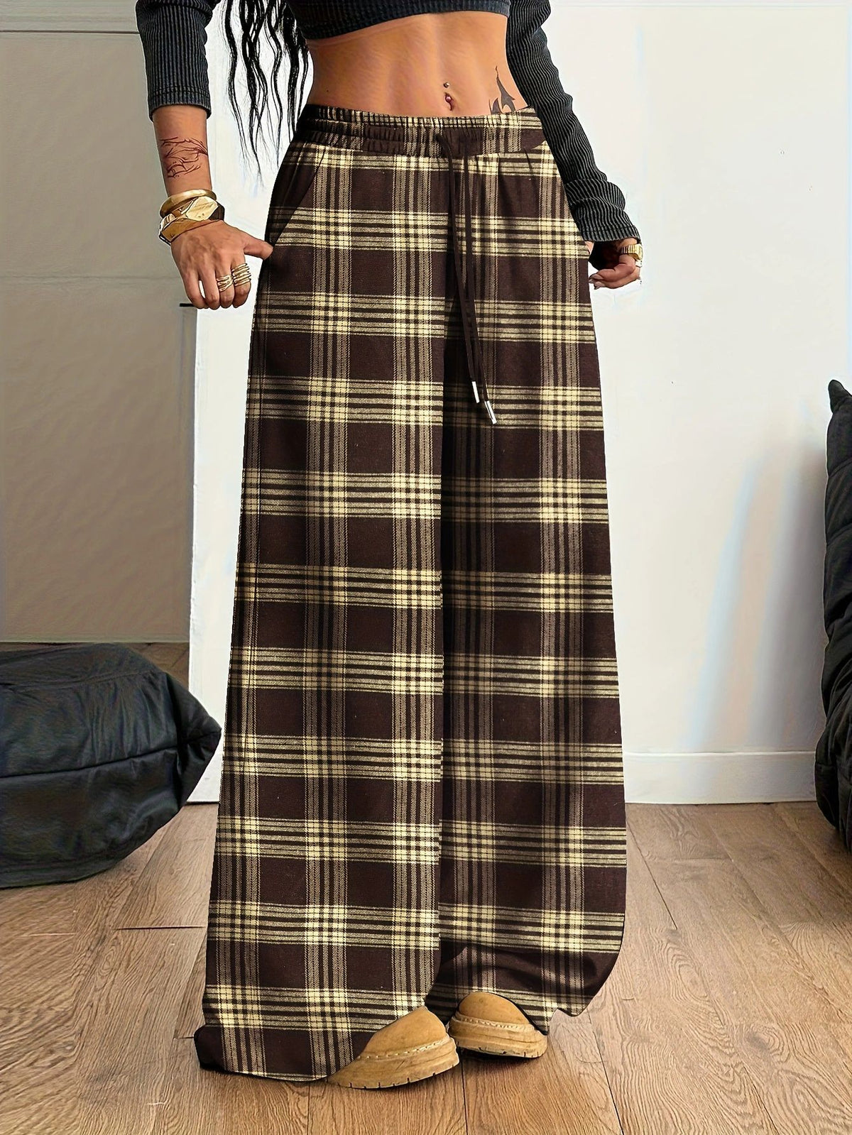 Plaid Drawstring Waist Baggy Wide Leg Pants - Khaki - 1