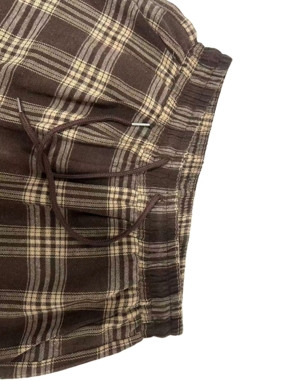 Plaid Drawstring Waist Baggy Wide Leg Pants - Khaki - 4