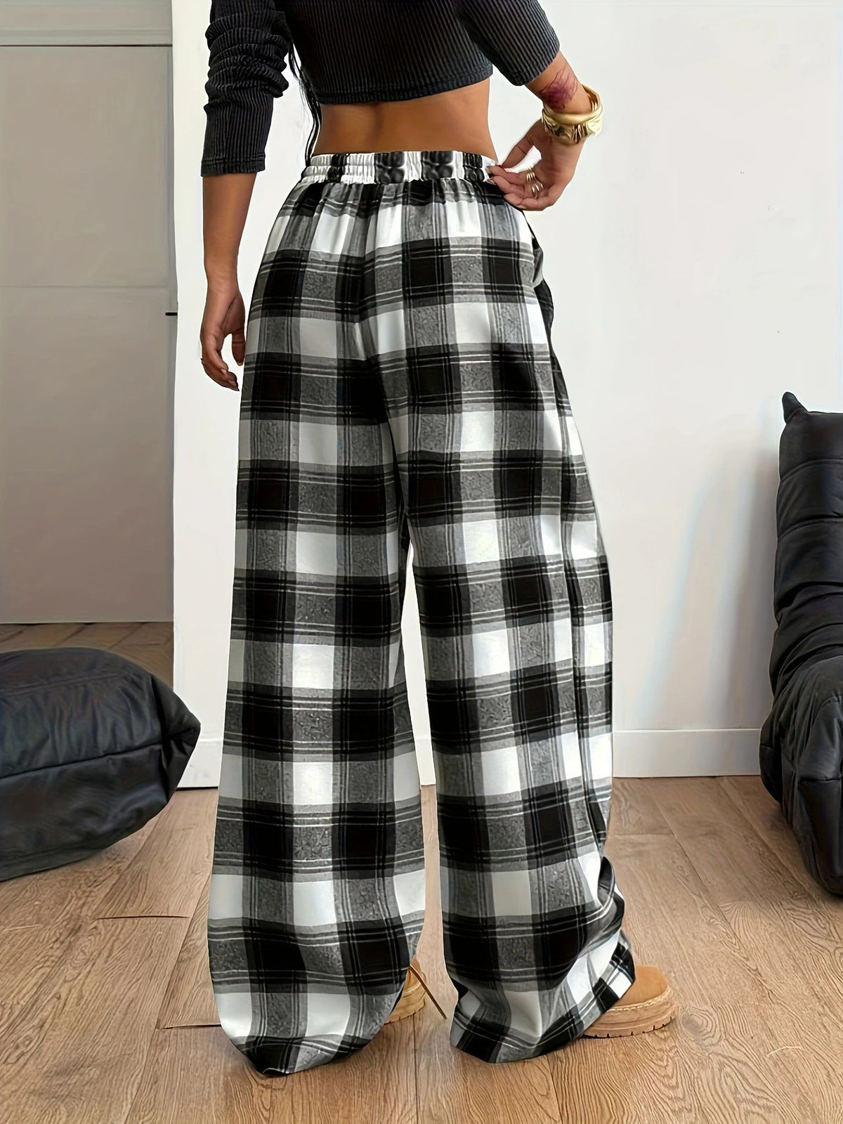 Plaid Drawstring Waist Baggy Wide Leg Pants - White - 1