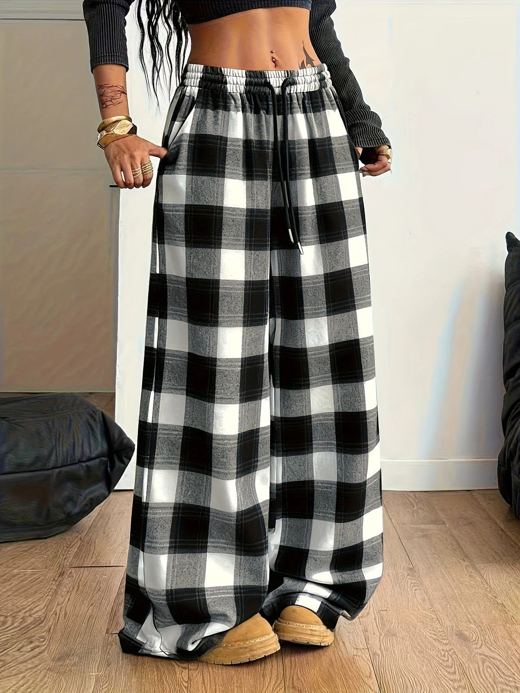 Plaid Drawstring Waist Baggy Wide Leg Pants - White - 2
