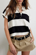 Block Stripe Half Button Boxy Polo Tee - black