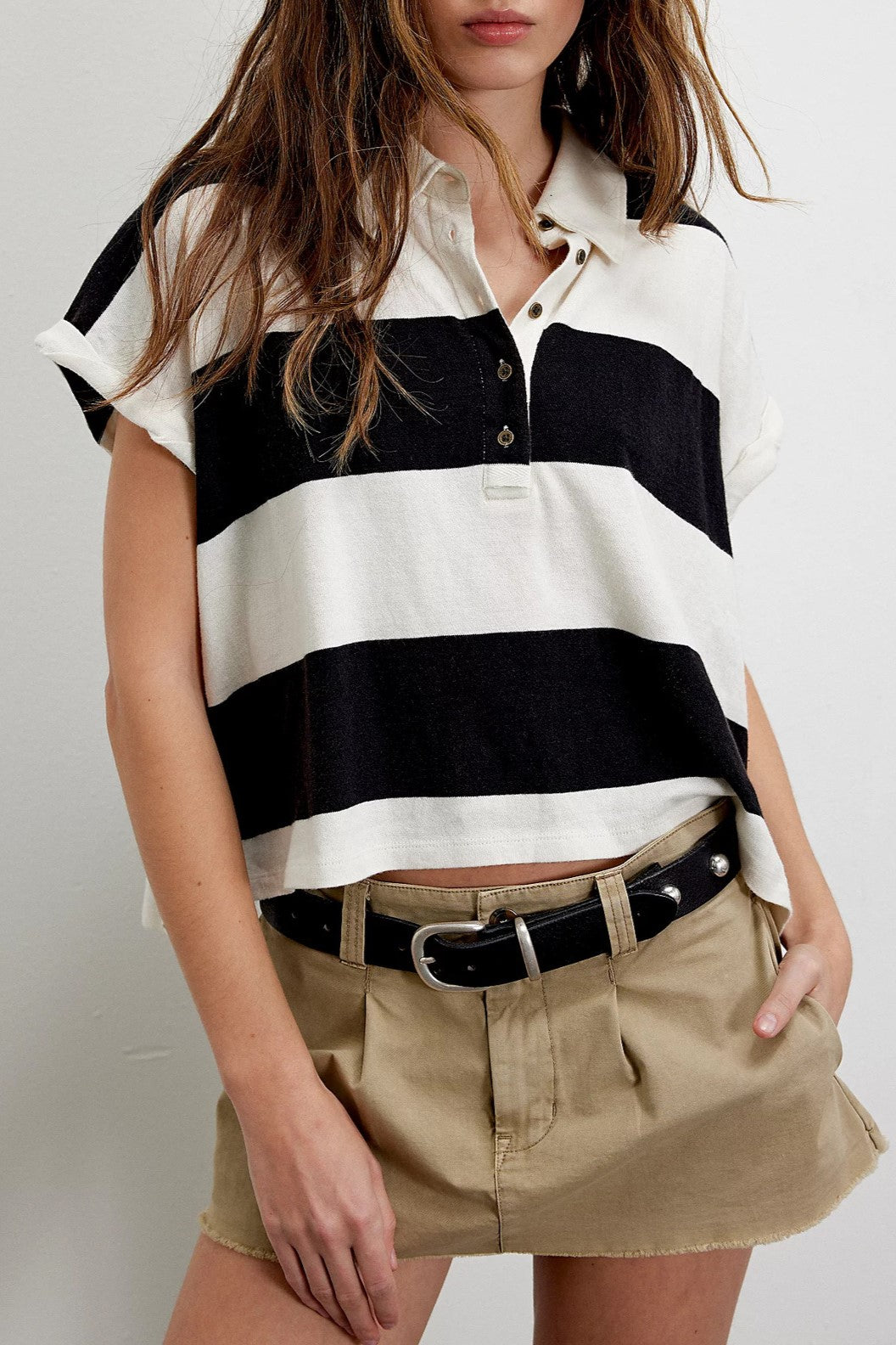 Block Stripe Half Button Boxy Polo Tee - black