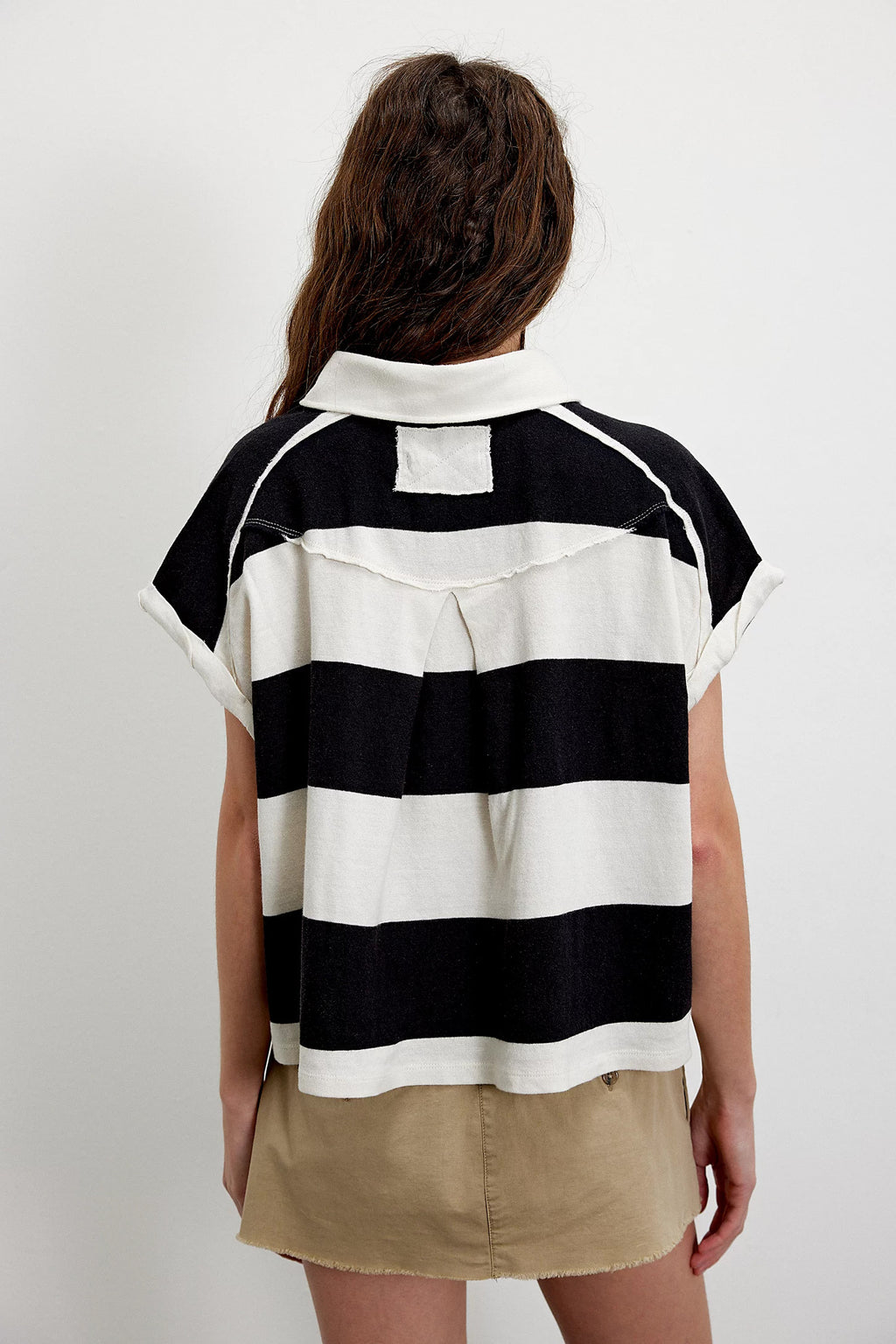 Block Stripe Half Button Boxy Polo Tee - black - 2