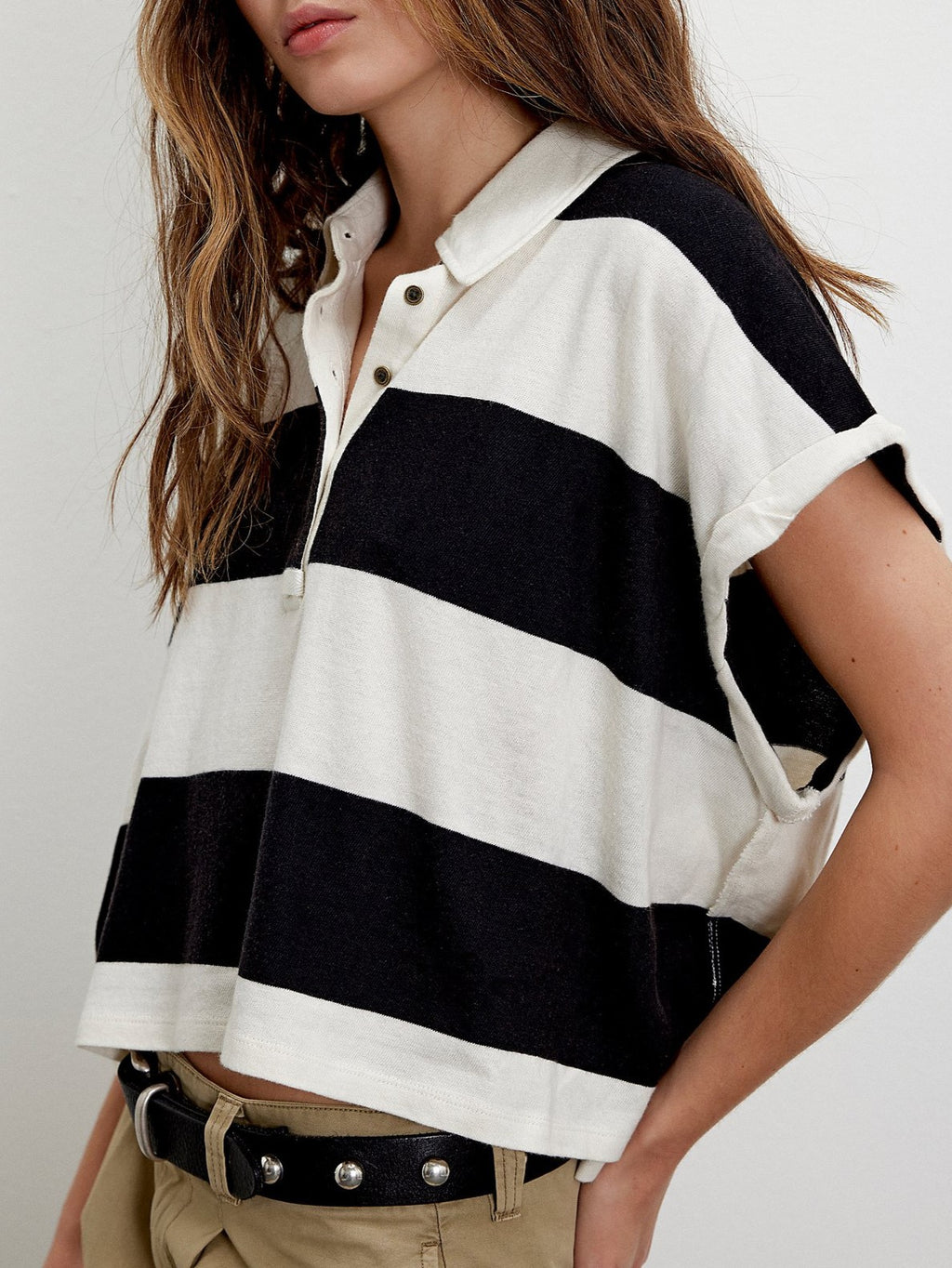 Block Stripe Half Button Boxy Polo Tee - black - 3